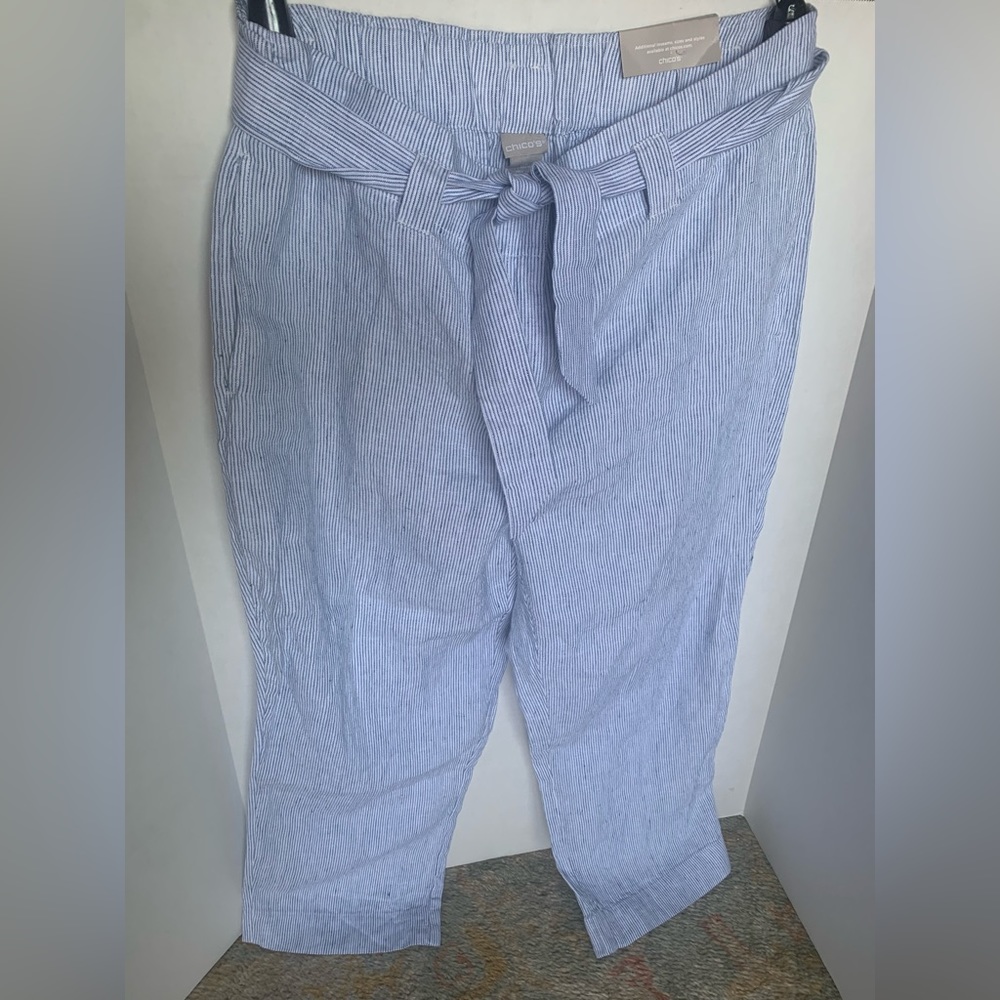 CHICOS Linen high tie waist crop pants blue and white stripes. PerfectforSummer